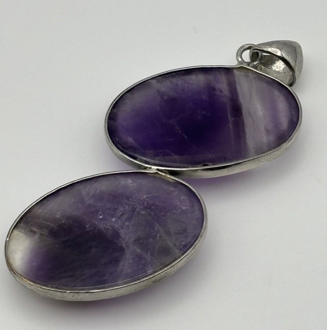Vintage Amethyst Double Oval Pendant Natural Purple Gemstone Silver Tone Setting