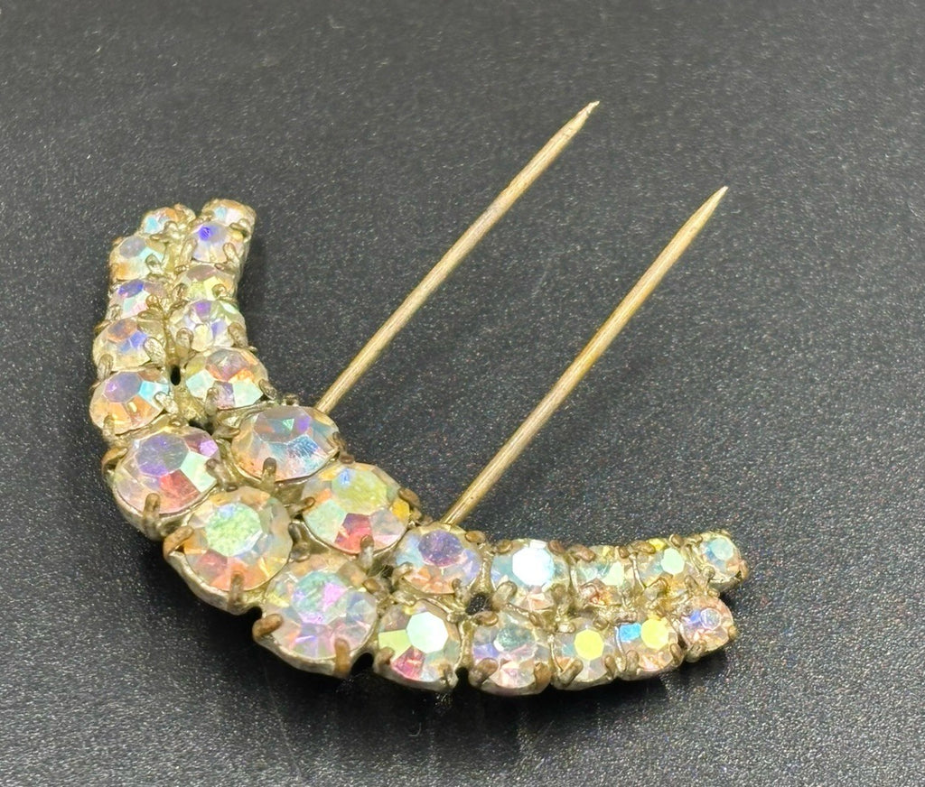 Vintage Aurora Borealis Rhinestone Hair Comb Silver Tone Mid Century
