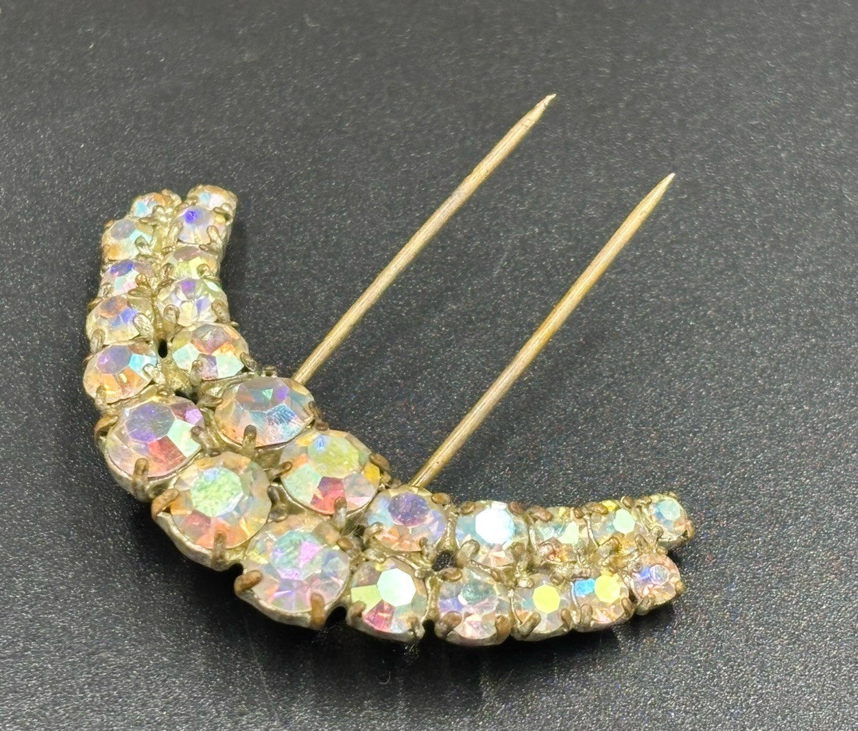 Vintage Aurora Borealis Rhinestone Hair Comb Silver Tone Mid Century