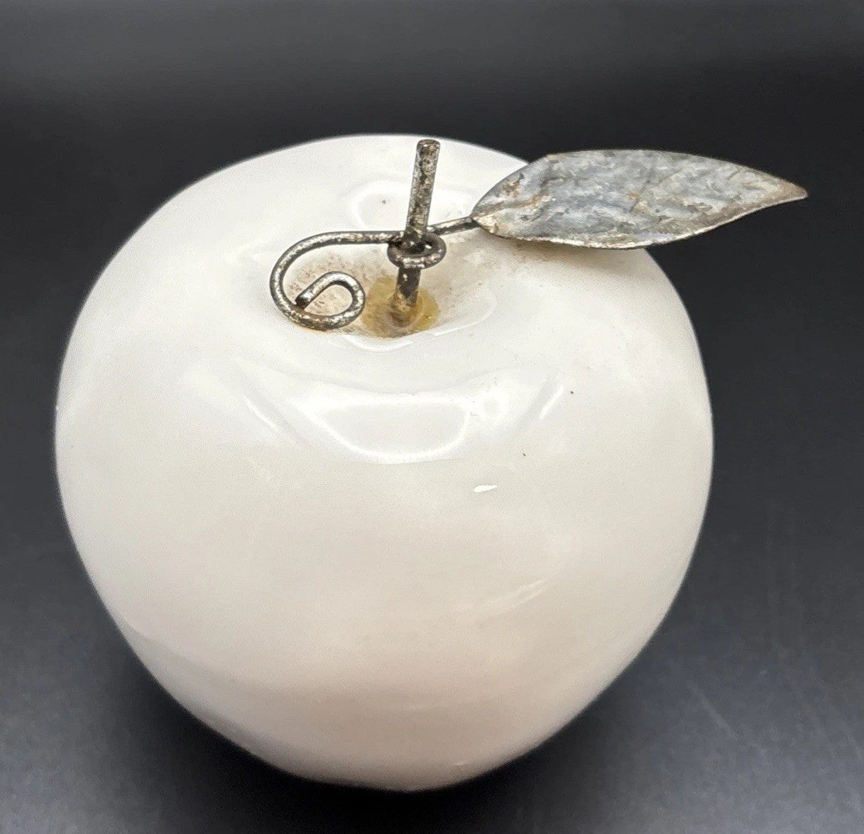 Vintage Milk Glass Apple Sculpture White Fruit Ornament Metal Leaf Display Decor