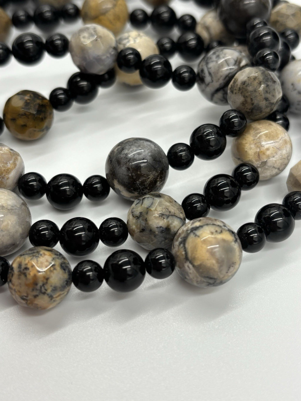 Vintage Picasso Jasper Gemstone Necklace Long Natural Stone With Black Beads