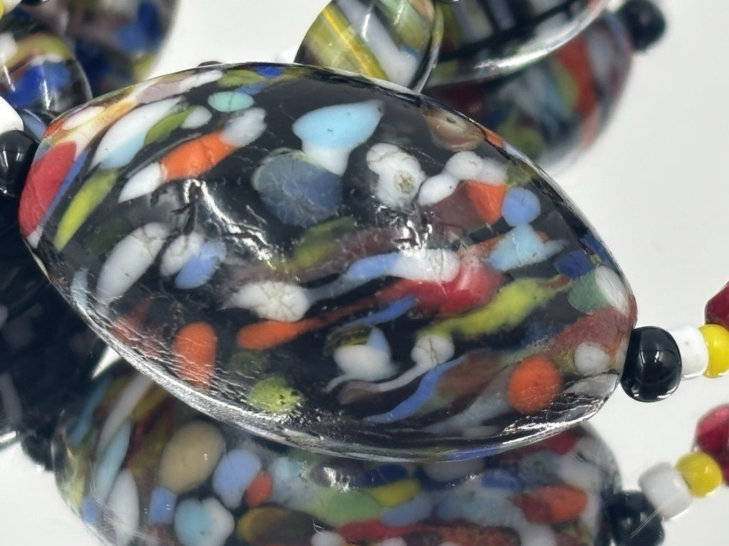 Vintage Murano Millefiori Glass Bead Necklace Black Base, Multicolour Confetti