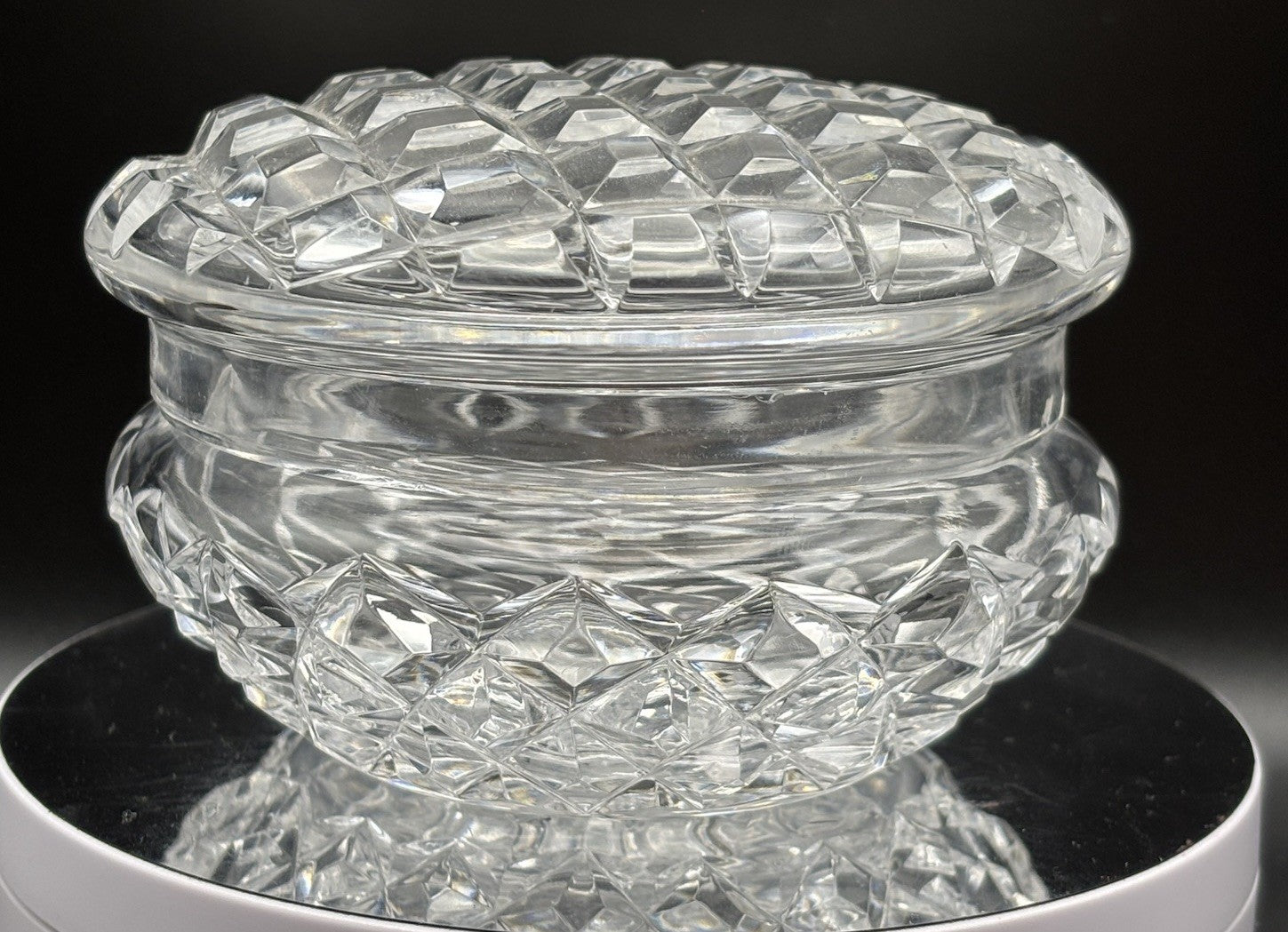 Vintage Heavy Cut Crystal Trinket Box Starburst Base Vanity Dresser Box