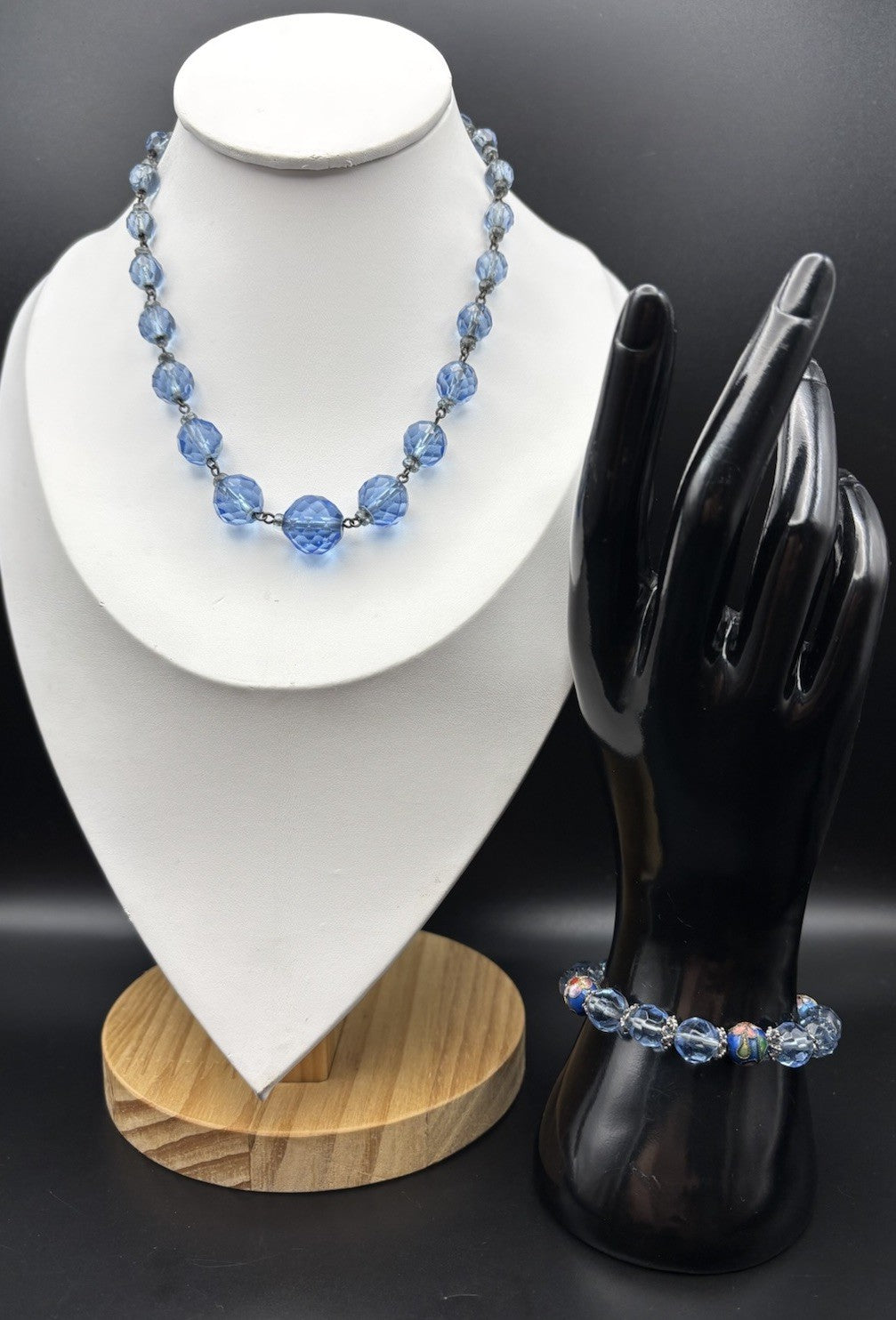 Vintage Blue Glass Bead Necklace Cloisonne Bracelet Set Faceted Czech Style