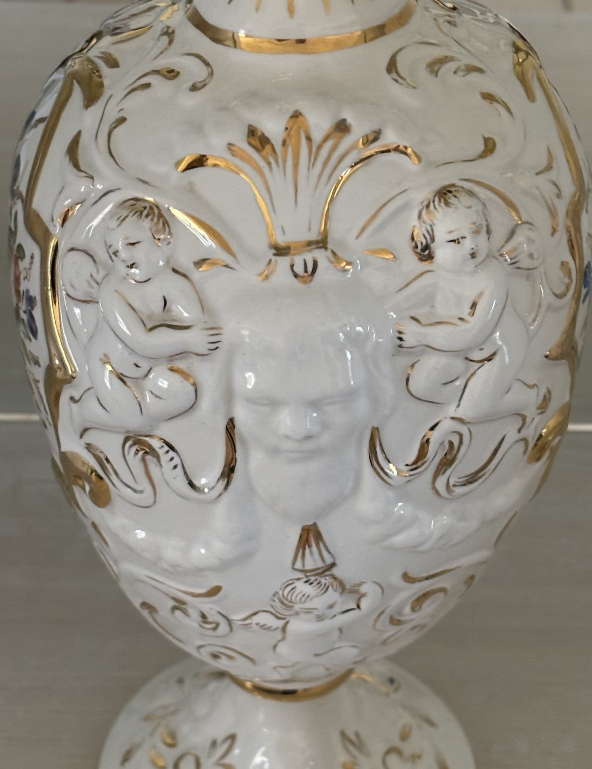 Vintage Capodimonte Italian Porcelain Cherub Ewer Vase Hand Painted Gold Gilt