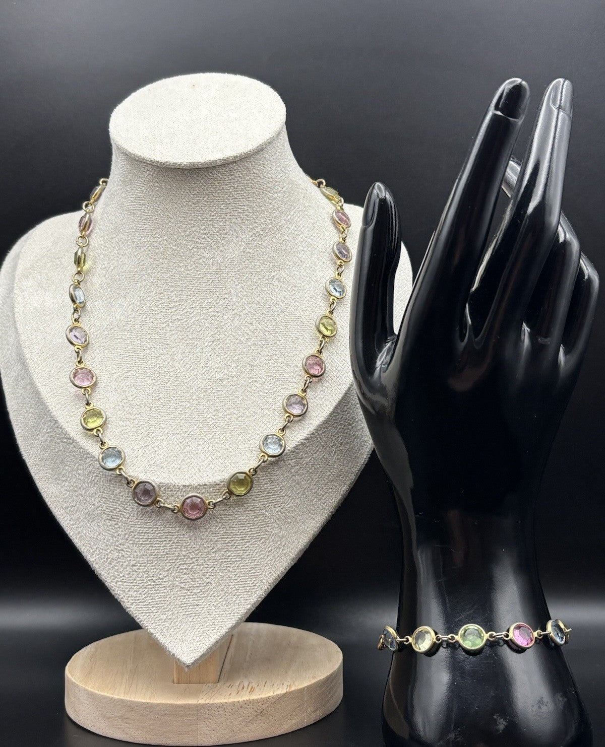 Vintage Pastel Glass Rivière Necklace Bracelet Set UV Reactive Gold Tone