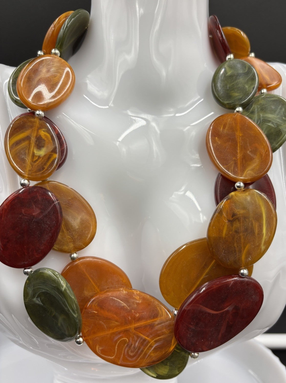 Vintage Chunky Marbled Resin Bead Necklace Green Amber Red Swirl Statement