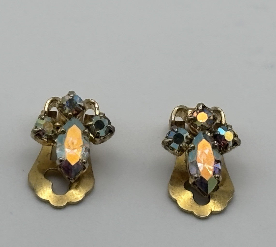 Vintage Unsigned Ice Blue Aurora Borealis Rhinestone Clip Earrings Mid Century
