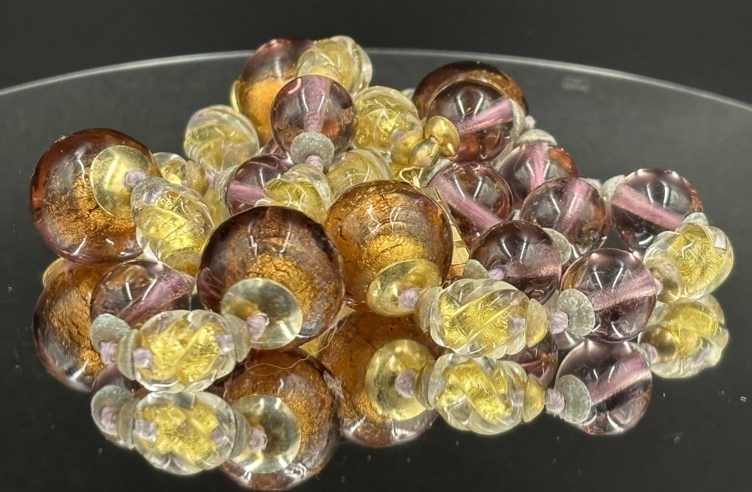 Vintage Brown Honey Gold Foiled Purple Accents Murano Art Glass Faceted Beads