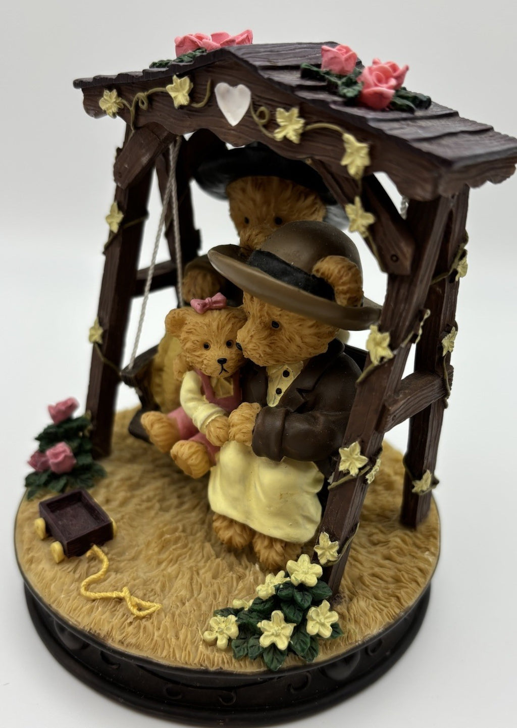 Avon Bear Figurine – Family on Swing with Roses & Wagon