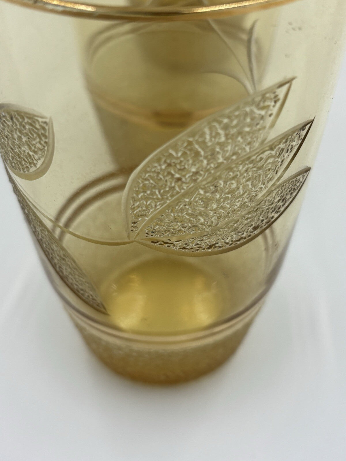 Vintage Amber Glass Pitcher & 4 Tumblers Gold Leaf Etched MCM Barware Set