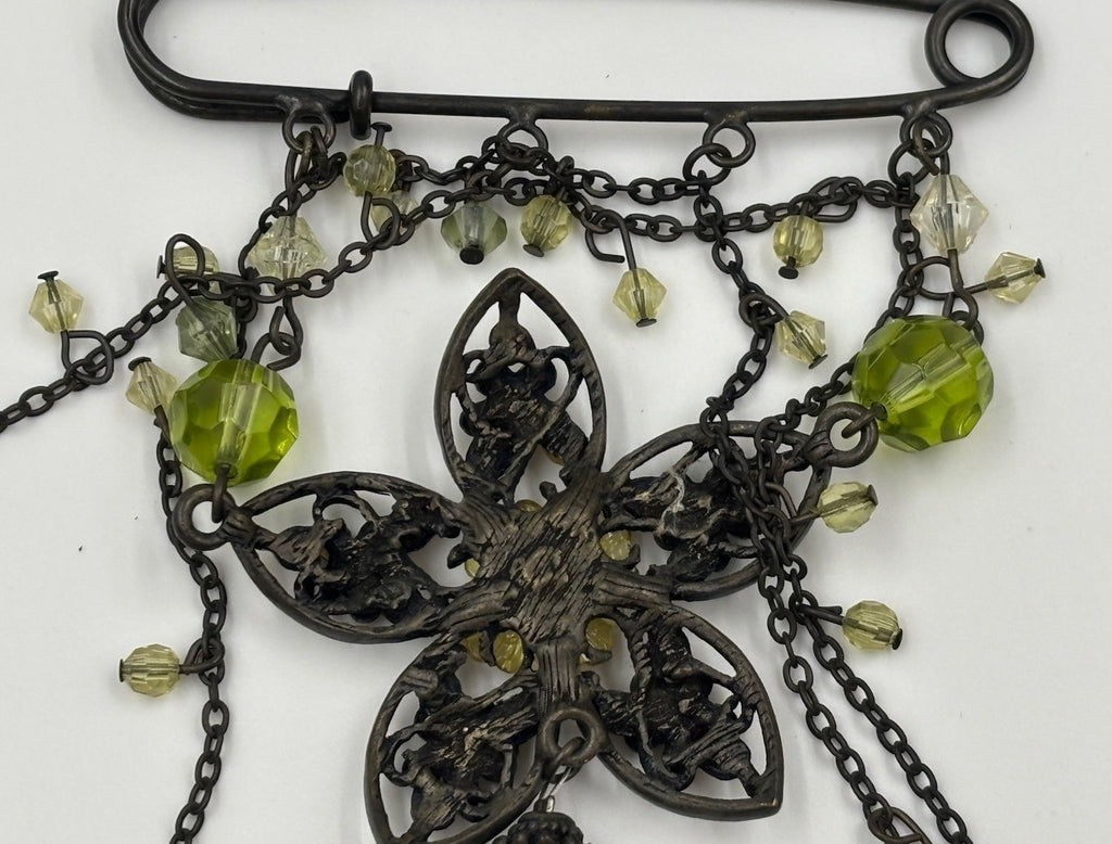 Vintage Style Art Nouveau Floral Dangle Brooch Enamel Glass Beads Statement Pin