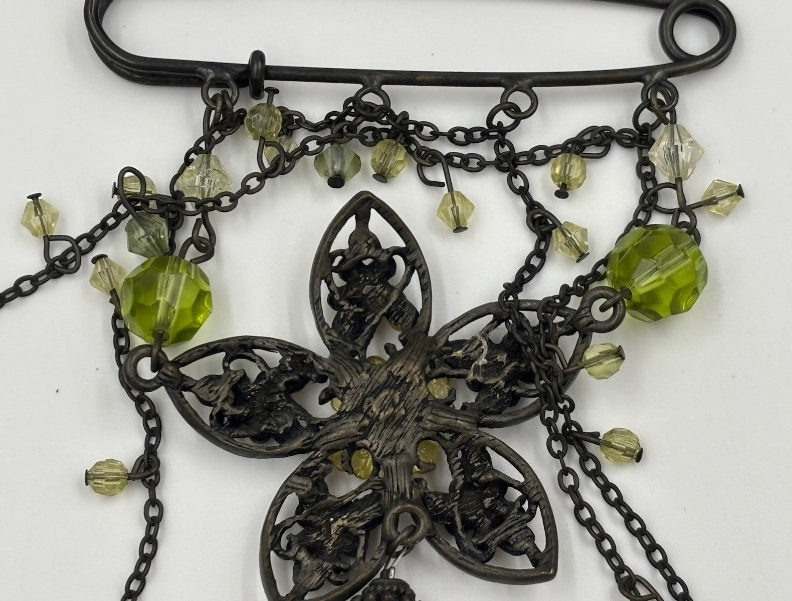 Vintage Style Art Nouveau Floral Dangle Brooch Enamel Glass Beads Statement Pin