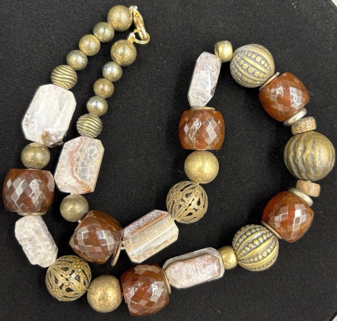 Vintage Natural Agate Beaded Necklace Artisan Statement Earthy Brass Tone