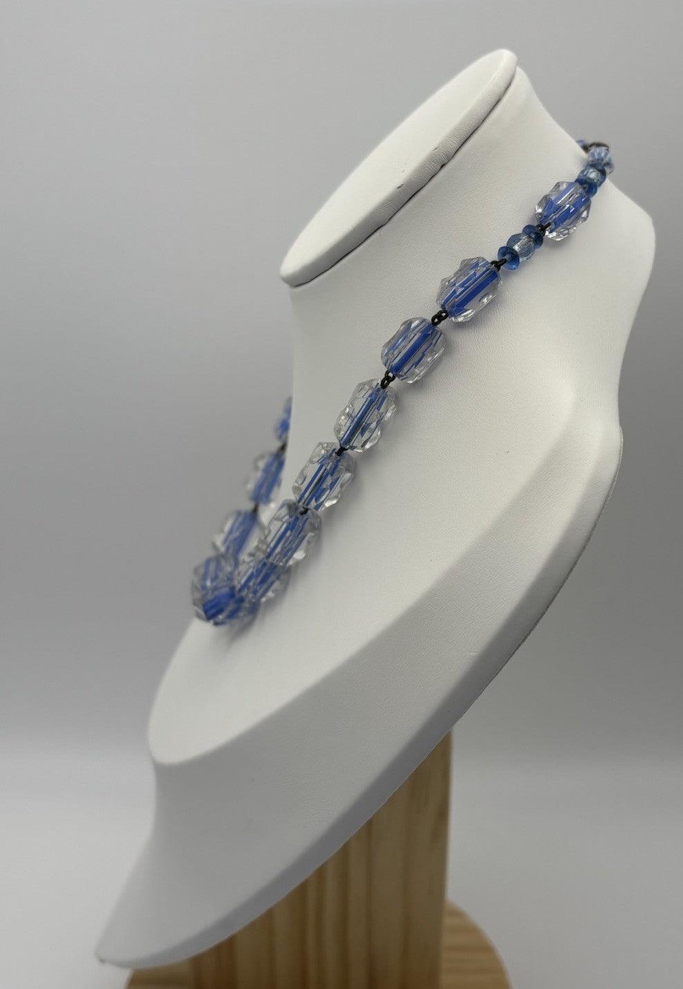 Vintage Czech Blue Glass Bead Necklace Striped Bohemian Mid Century Jewelry
