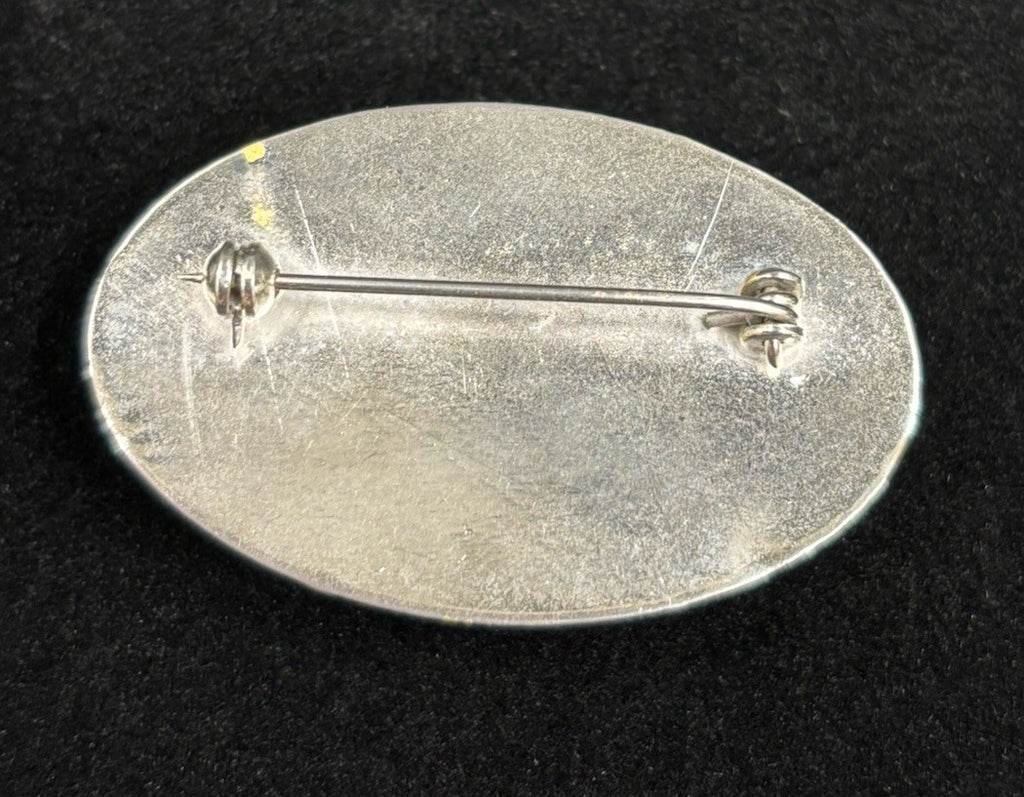 Vintage Modernist Brooch – Faux Agate Glass Cabochon, Silver Tone Oval Pin