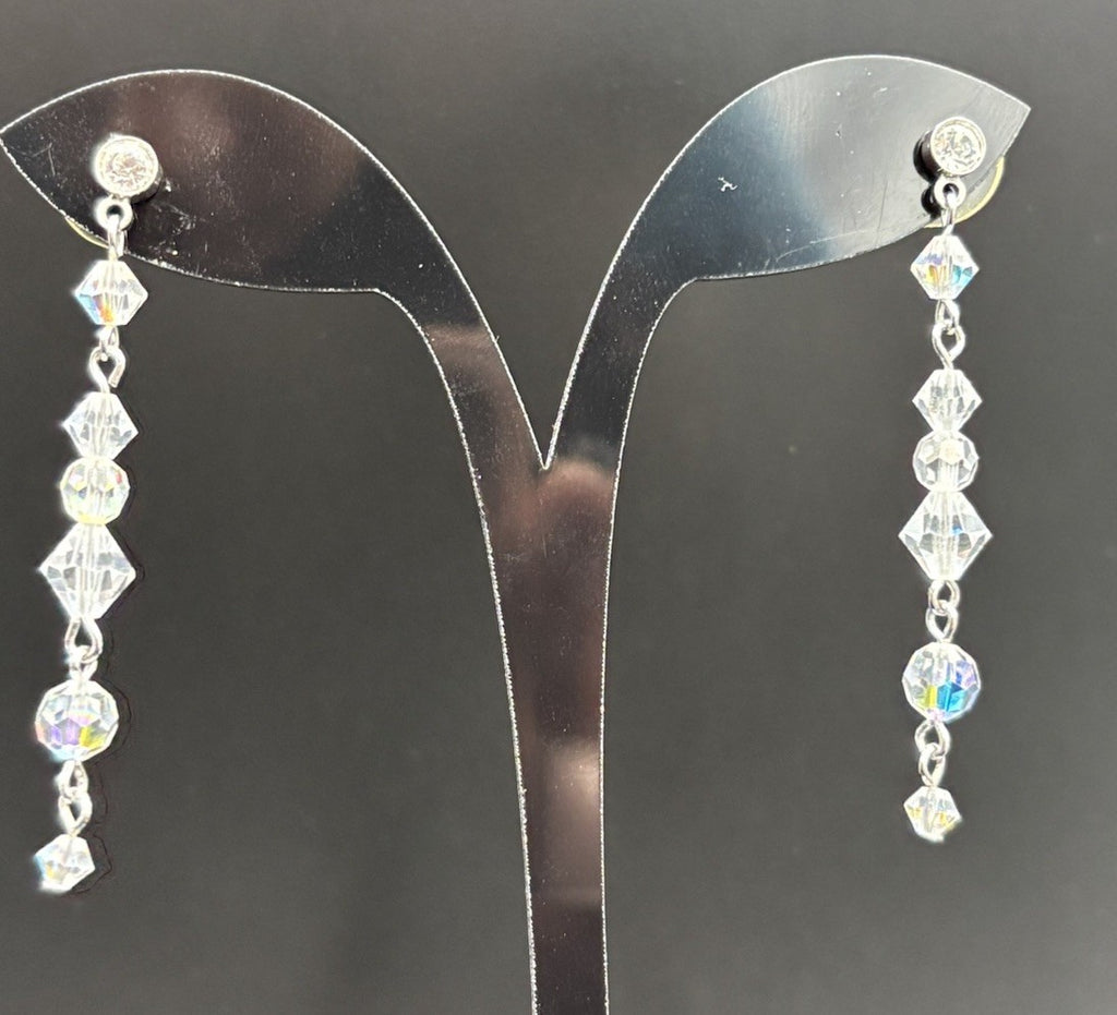 Vtg Double Strand Sparkling Aurora Borealis AB Glass Crystal Necklace & Earrings