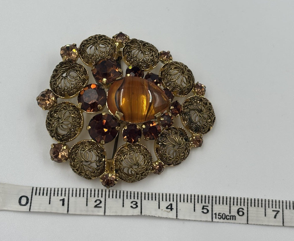 Vintage West German Style Brooch Amber Glass Rhinestone Filigree Gold Tone