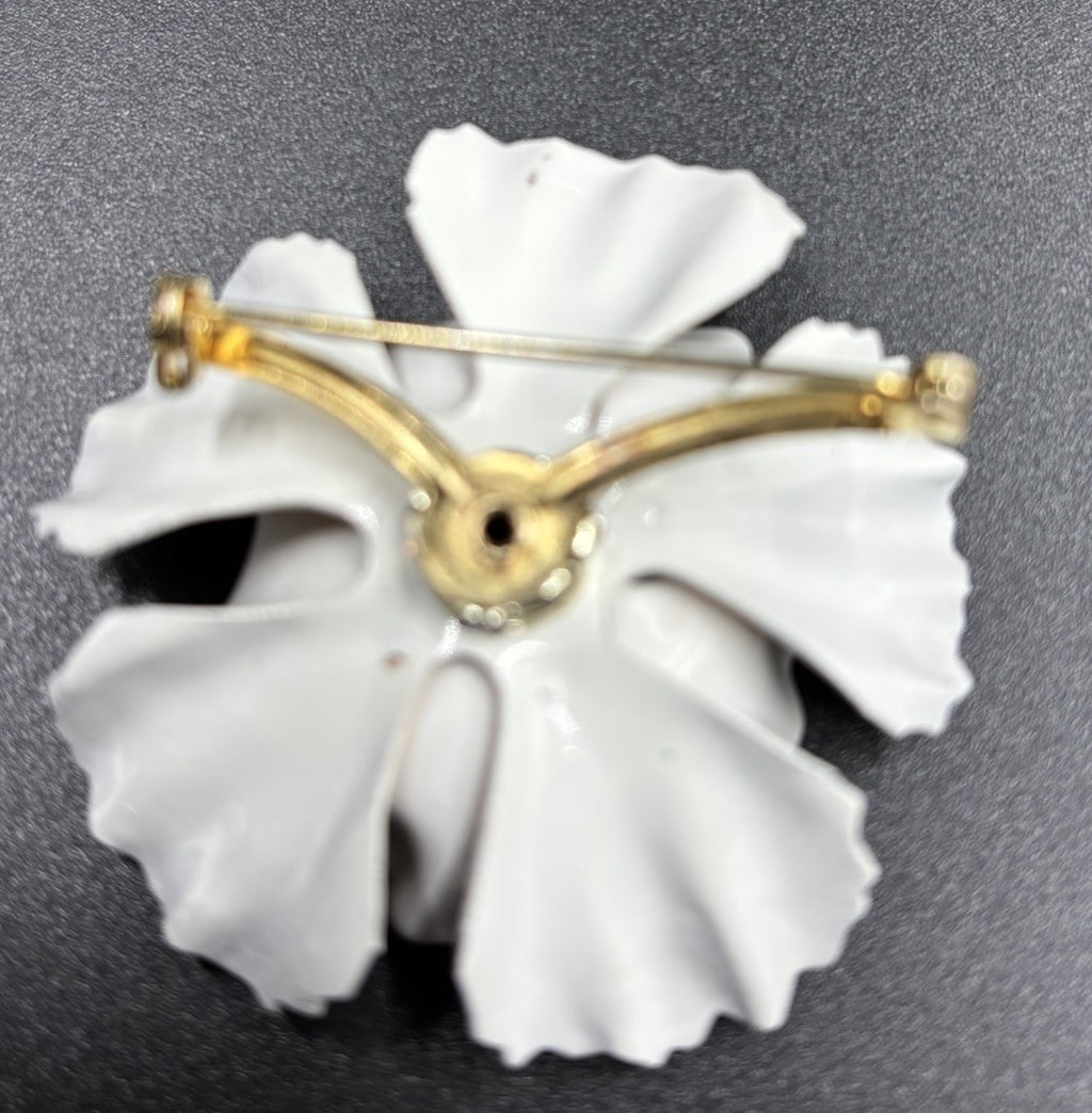 Vintage Blush Peach White Enamel Layered Metal Flower Brooch AB Rhinestone