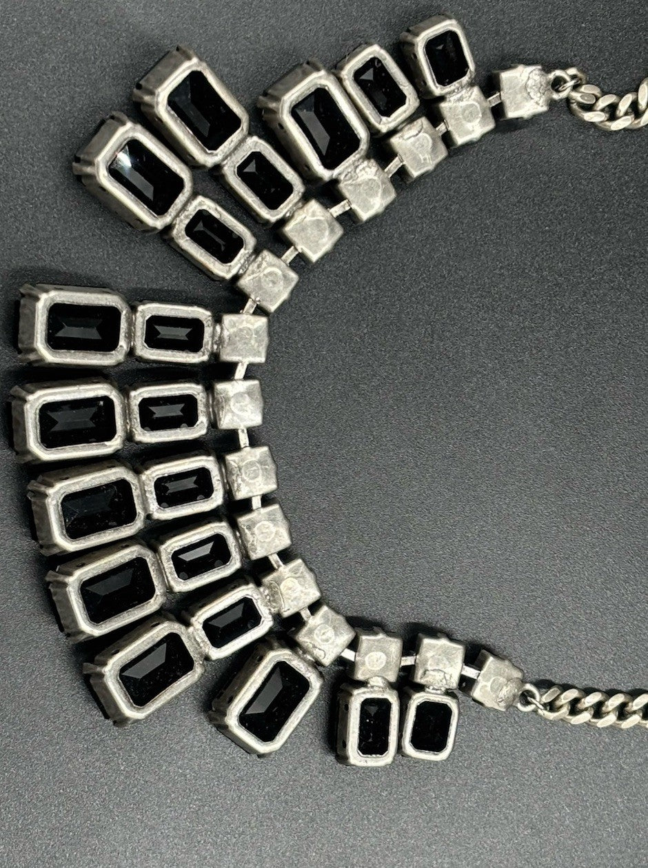Vintage Peter Lang Statement Necklace Black Glass Crystal Art Deco Revival Glam