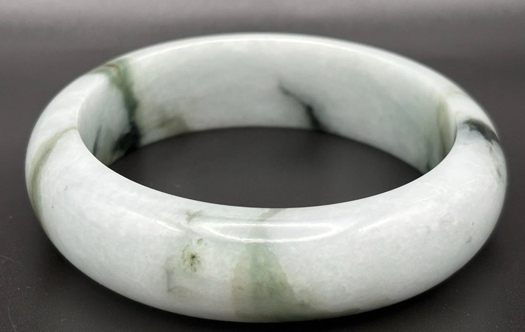 Natural Burmese Jadeite Jade Bangle Moss In Snow Heavy Carved Vintage Bracelet