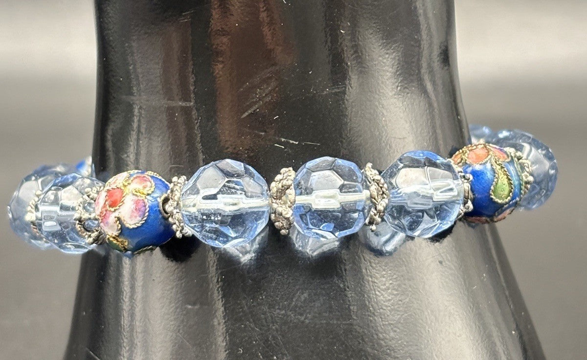 Vintage Blue Glass Bead Necklace Cloisonne Bracelet Set Faceted Czech Style