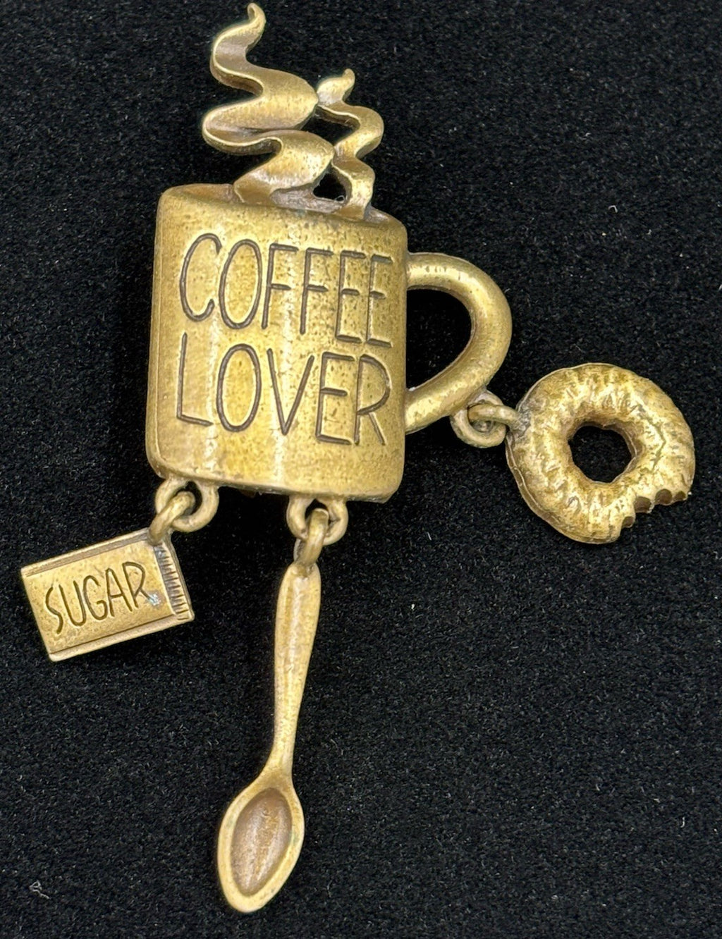 Vtg JJ Jonette Jewelry Brooch Coffe Lover Donut Sugar Spoon Bronze Tone Pin