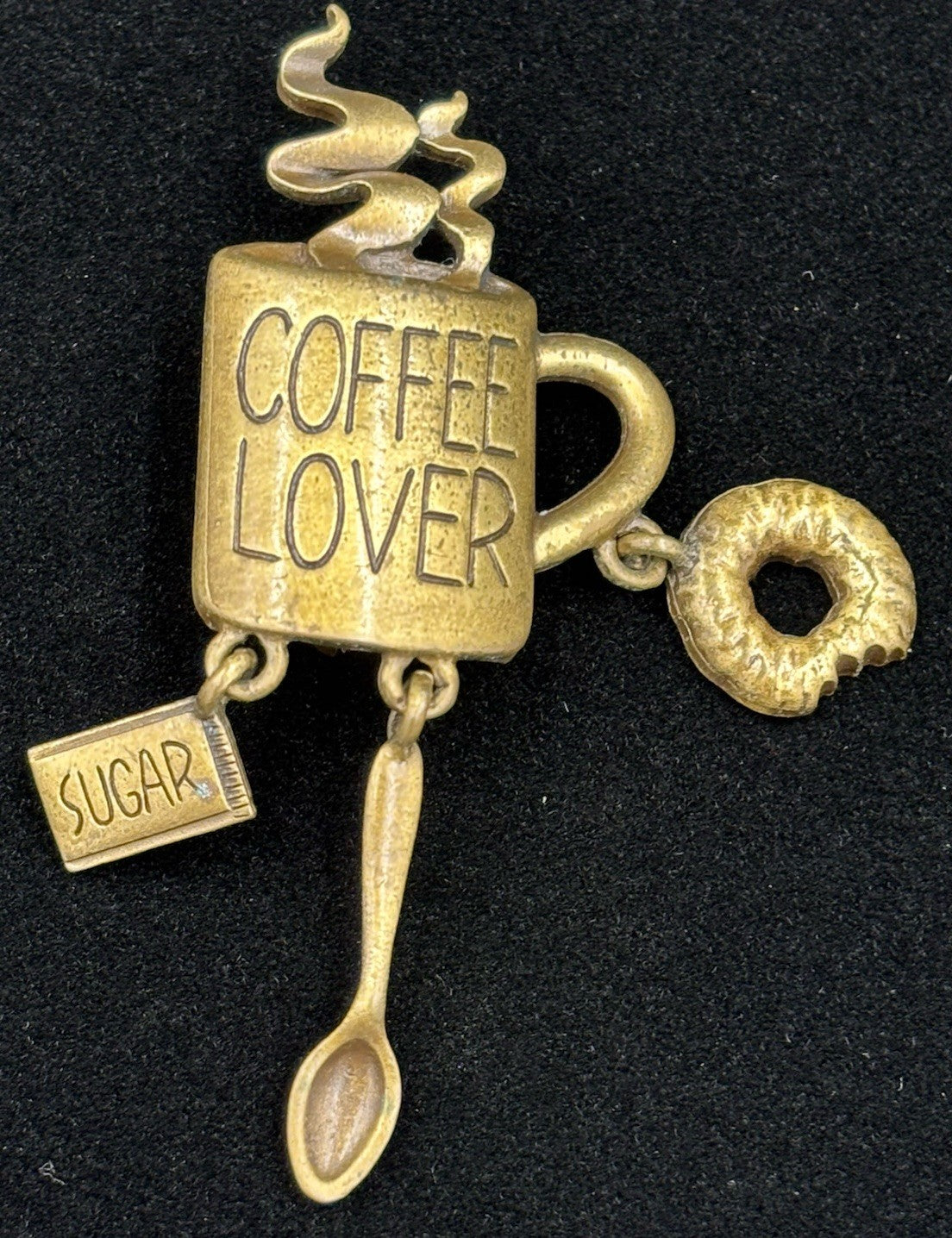 Vtg JJ Jonette Jewelry Brooch Coffe Lover Donut Sugar Spoon Bronze Tone Pin