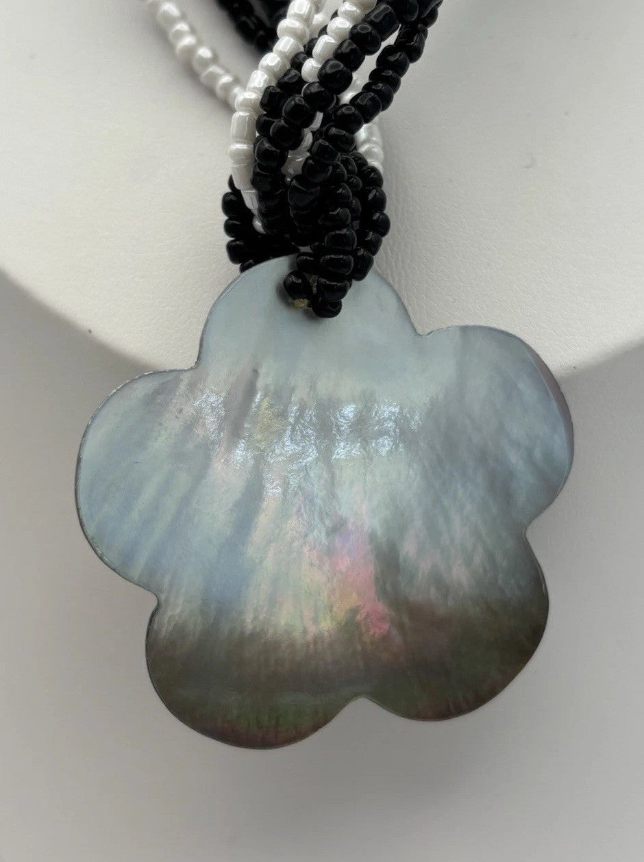 Mother of Pearl Flower Pendant Necklace Black & White Seed Beads