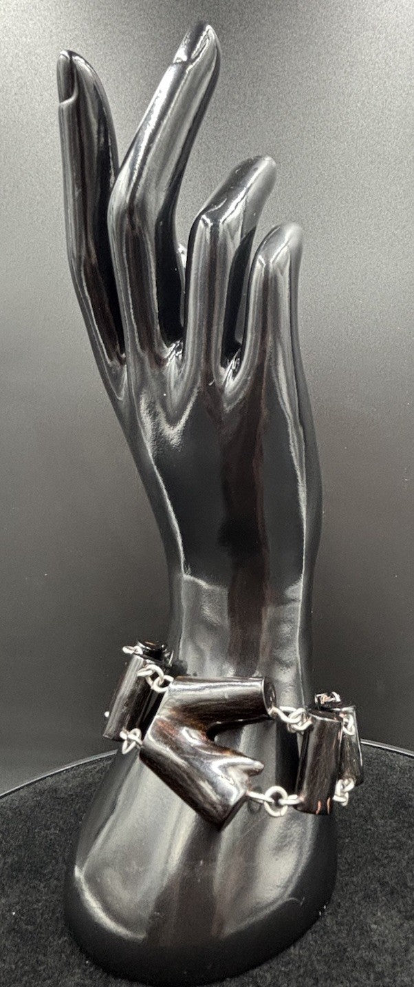 Rare Vintage Natural Black Coral Branch Bracelet Silver Tone Chain Statement