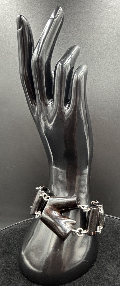 Rare Vintage Natural Black Coral Branch Bracelet Silver Tone Chain Statement
