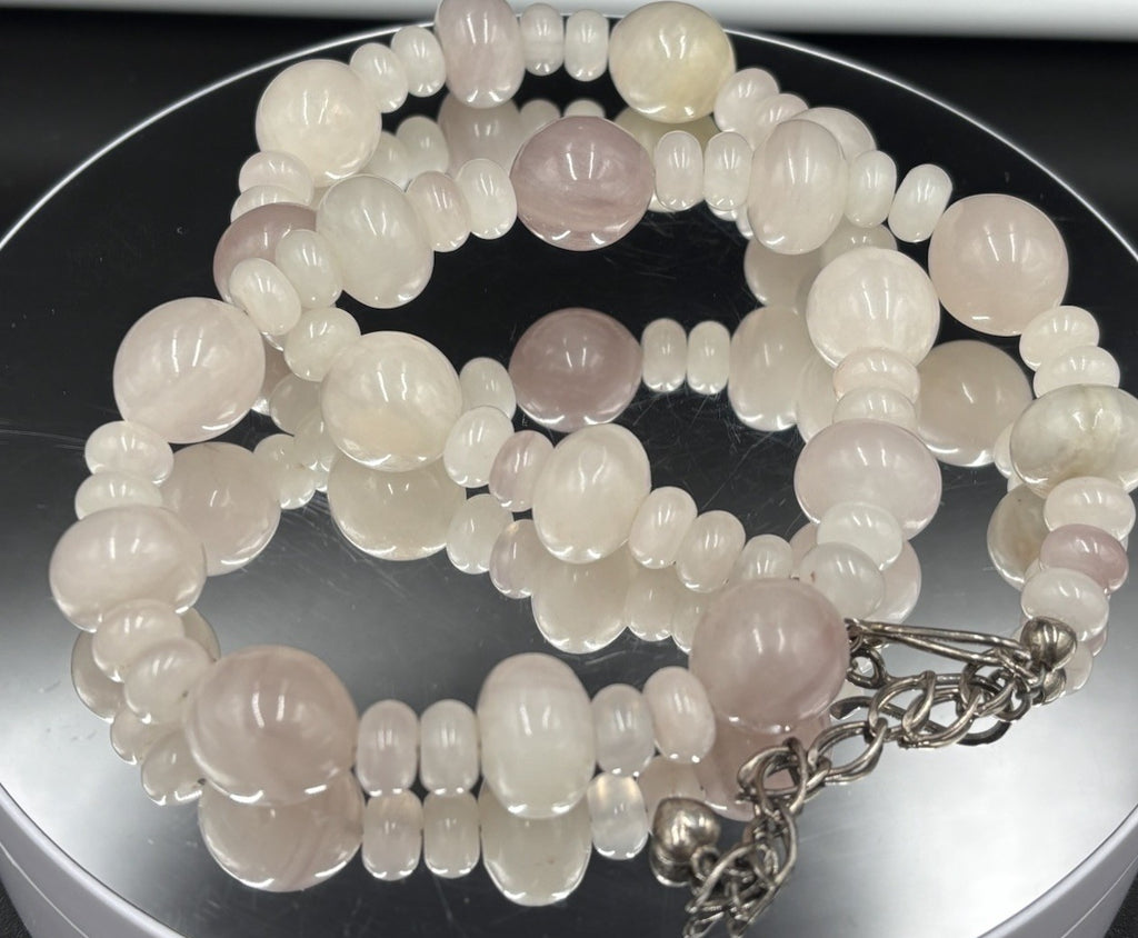 Vintage Style Rose & Milky Quartz Beaded Necklace Chunky Semi-Precious Gemstone