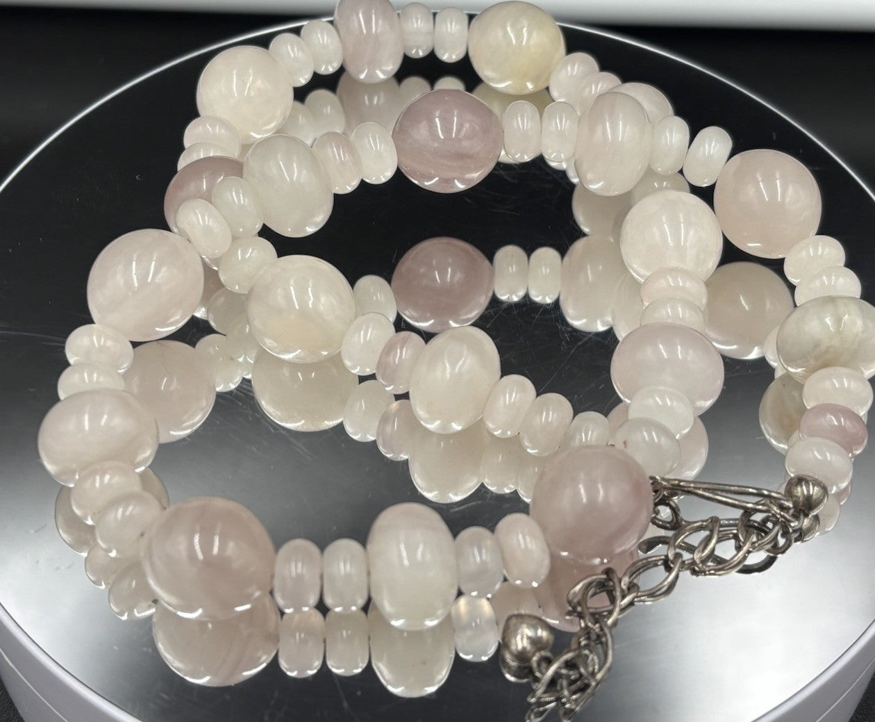 Vintage Style Rose & Milky Quartz Beaded Necklace Chunky Semi-Precious Gemstone