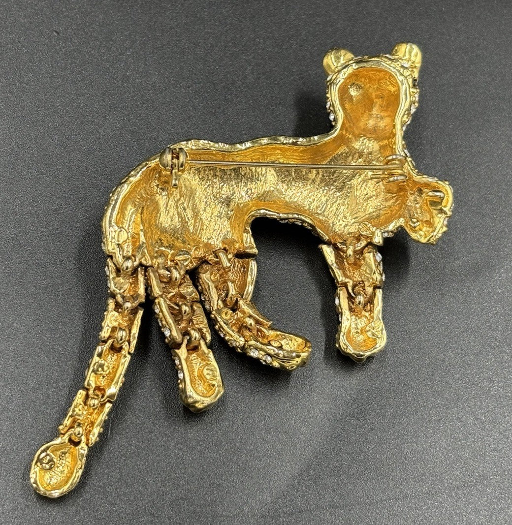 Vintage Articulated Leopard Brooch Gold Tone Rhinestone Panther