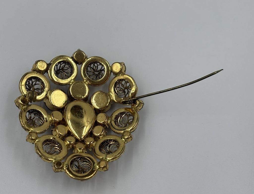 Vintage West German Style Brooch Amber Glass Rhinestone Filigree Gold Tone
