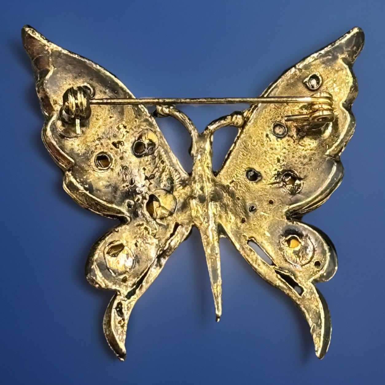 Vintage Gold Tone Butterfly Rhinestone Brooch Multicolour Glass
