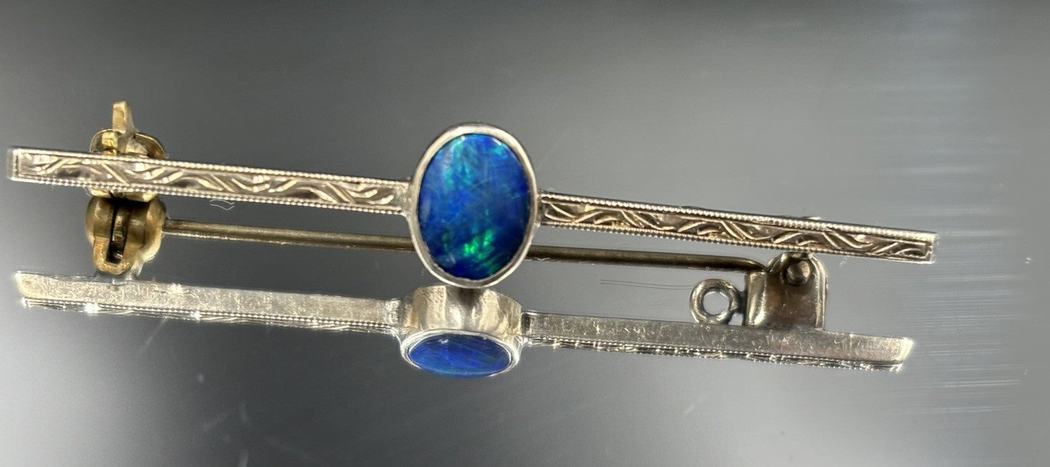 Vintage Sterling Silver Opal Bar Brooch Blue Green Fire Cabochon Mid Century Pin