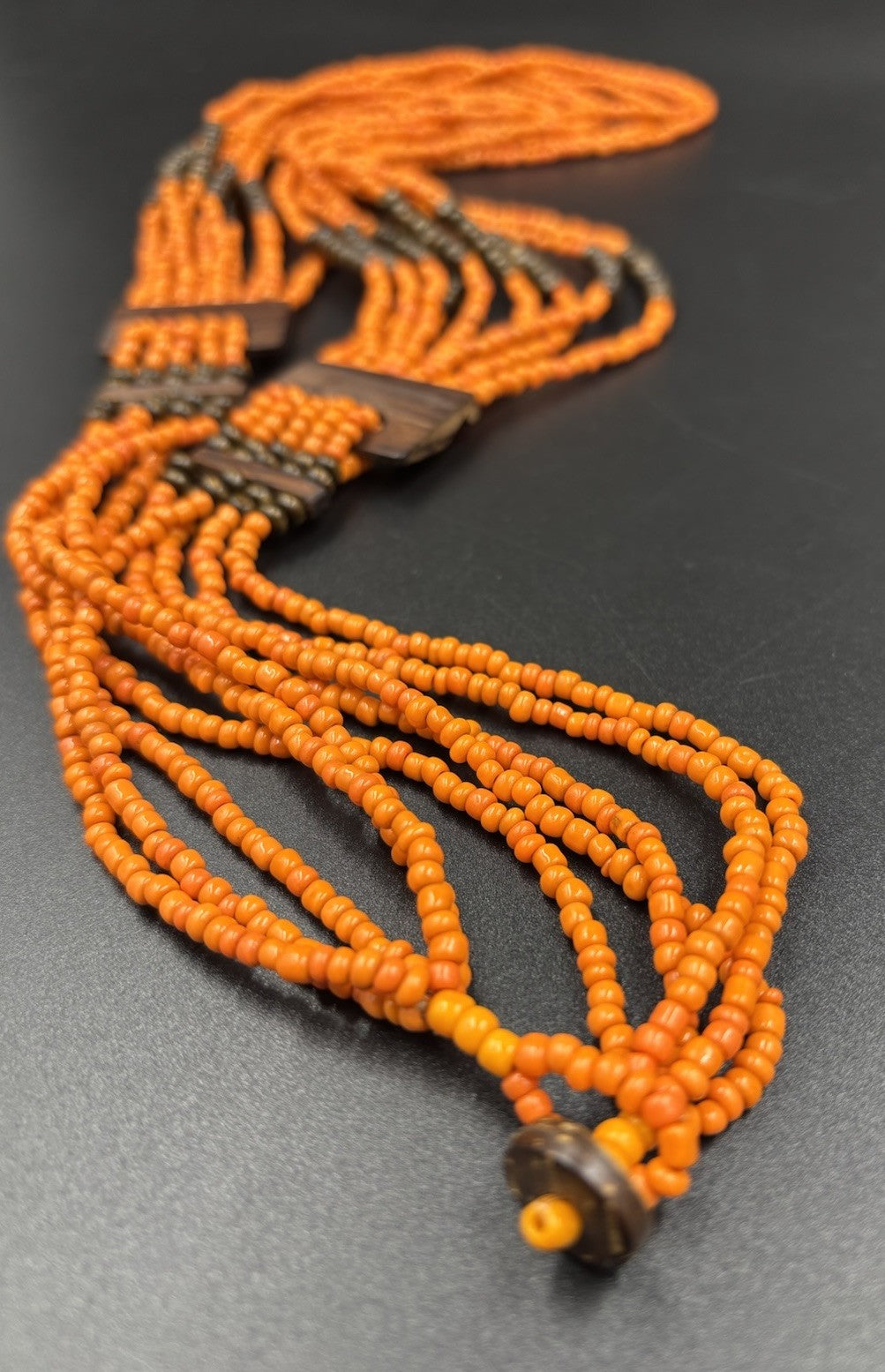 Vintage Tribal Orange Beaded Multi-Strand Necklace Wood Clasp Boho Ethnic