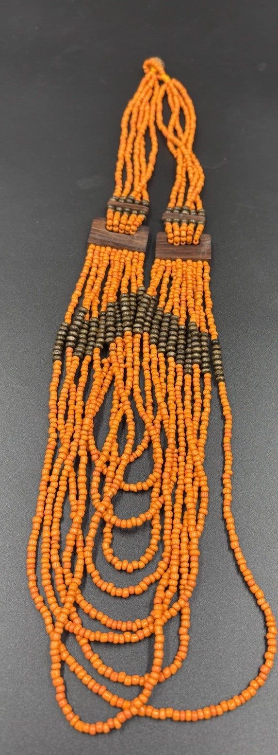 Vintage Tribal Orange Beaded Multi-Strand Necklace Wood Clasp Boho Ethnic
