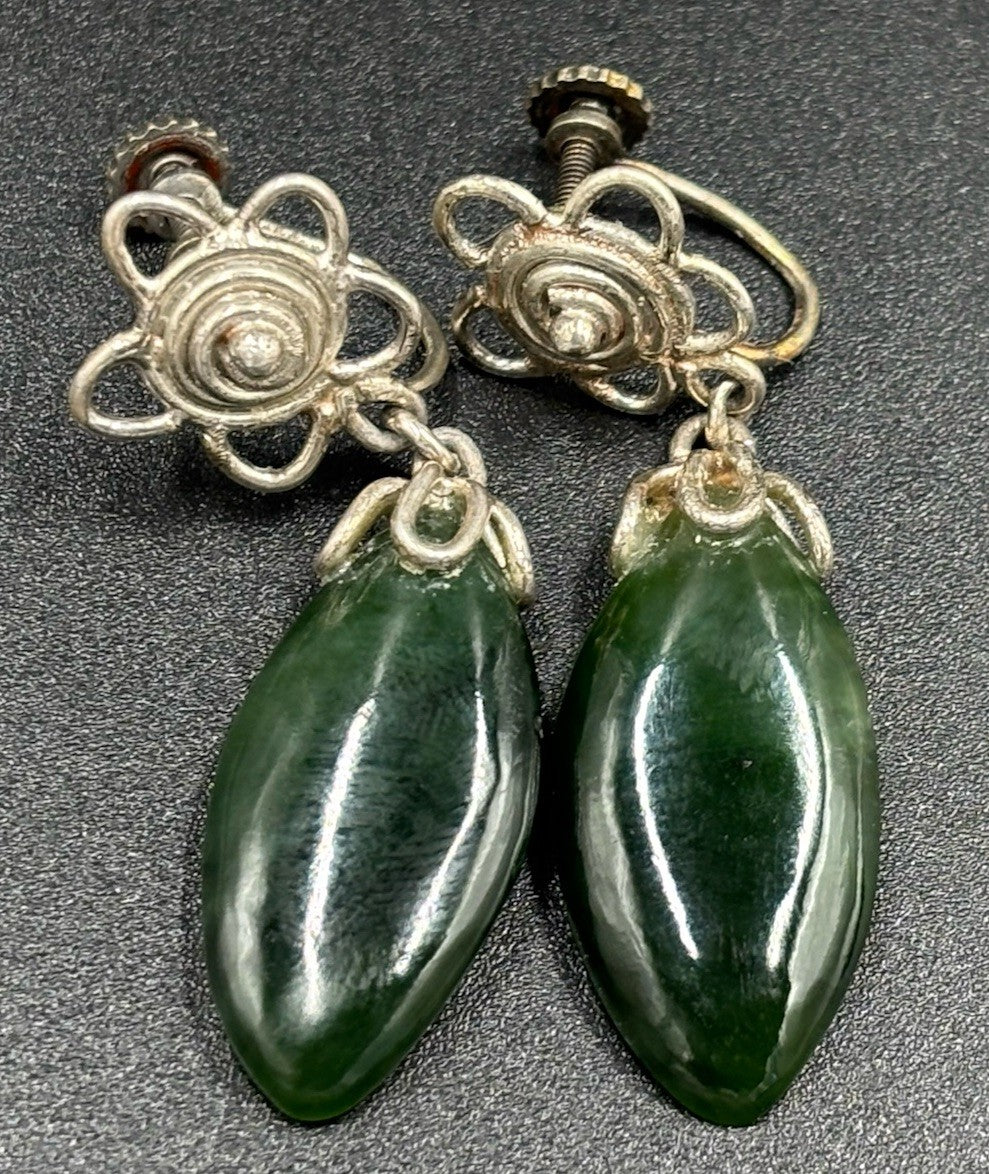 Vintage Silver Nephrite Jade Earrings Screw Back Floral Drop Jewelry 1950s