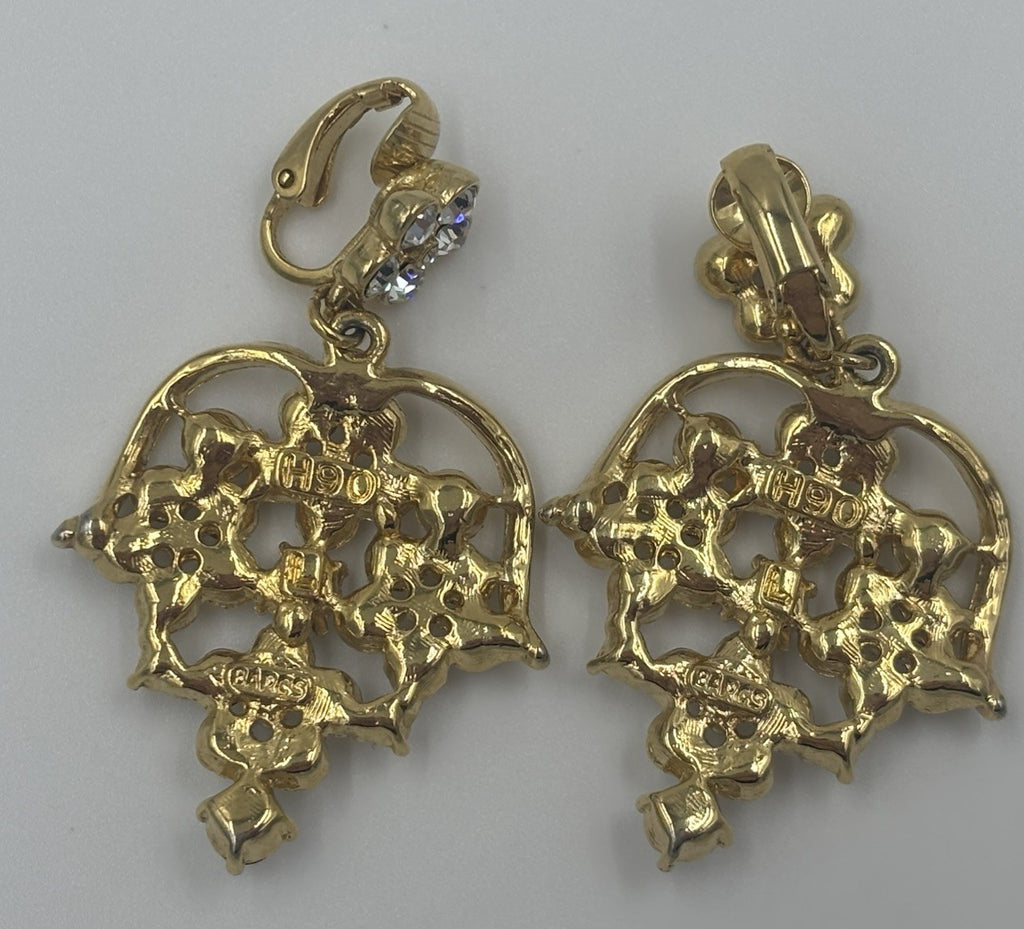 Vintage Barcs Clip On Earrings Gold Tone Chandelier Floral Rhinestone Sparkle