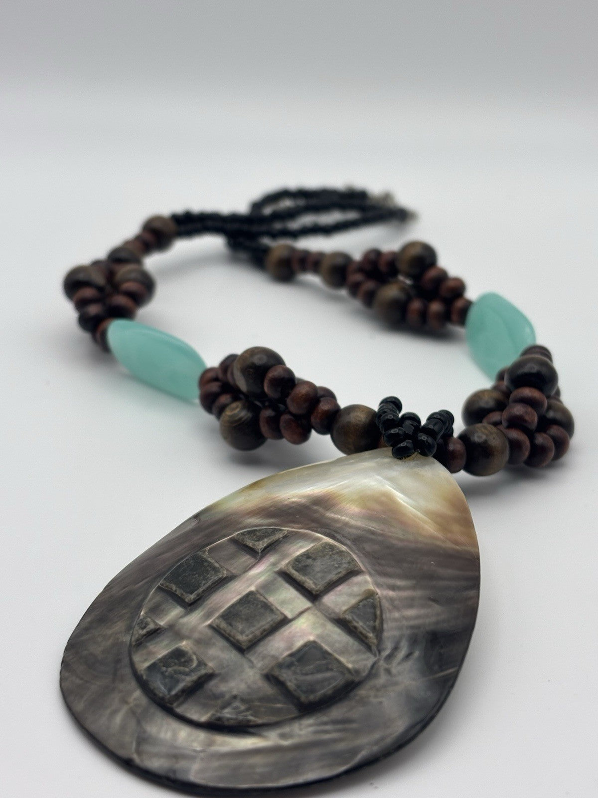 Vintage Tribal Necklace Mother of Pearl Pendant Wood Beads Ethnic Jewelry