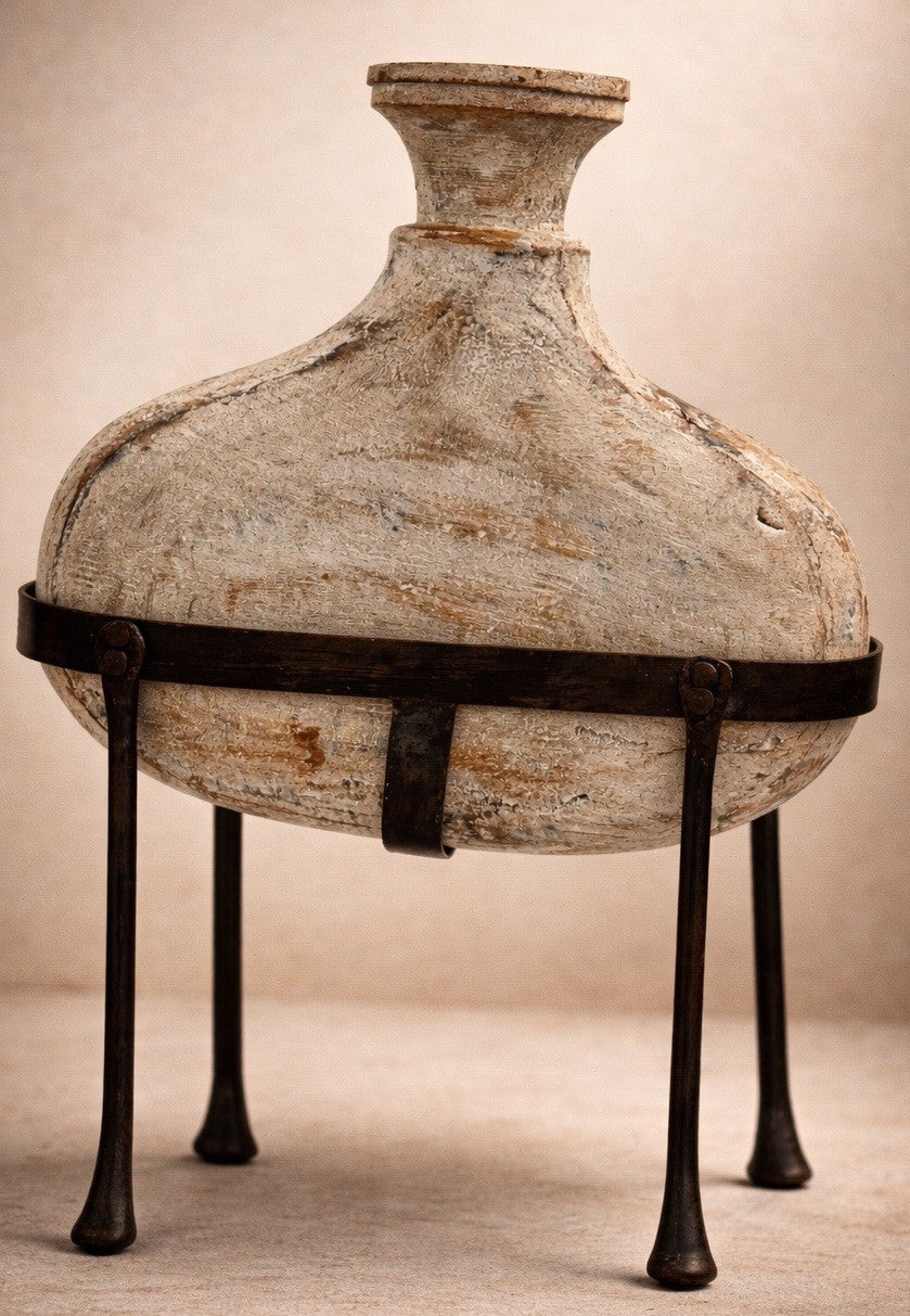 Vintage Terracotta Amphora Pot with Iron Stand Rustic Mediterranean Decor