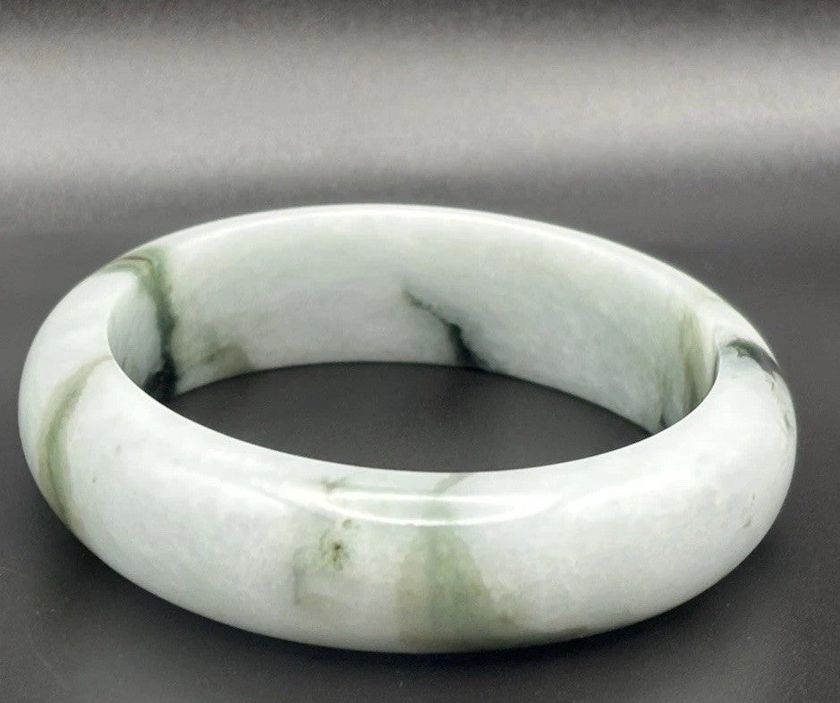 Natural Burmese Jadeite Jade Bangle Moss In Snow Heavy Carved Vintage Bracelet