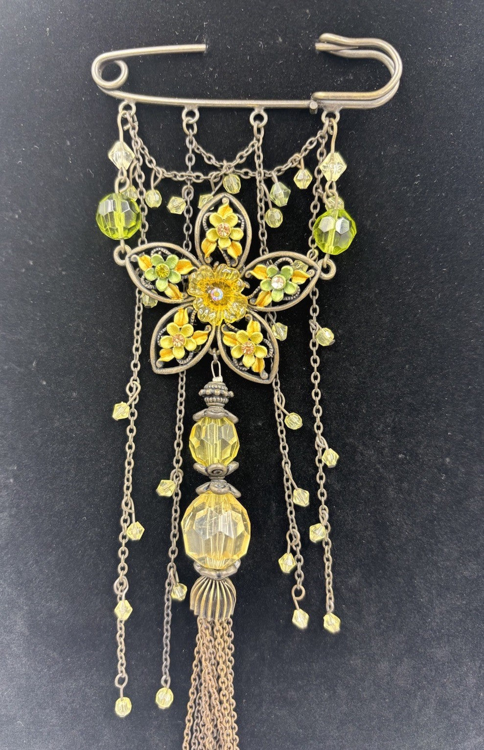 Vintage Style Art Nouveau Floral Dangle Brooch Enamel Glass Beads Statement Pin
