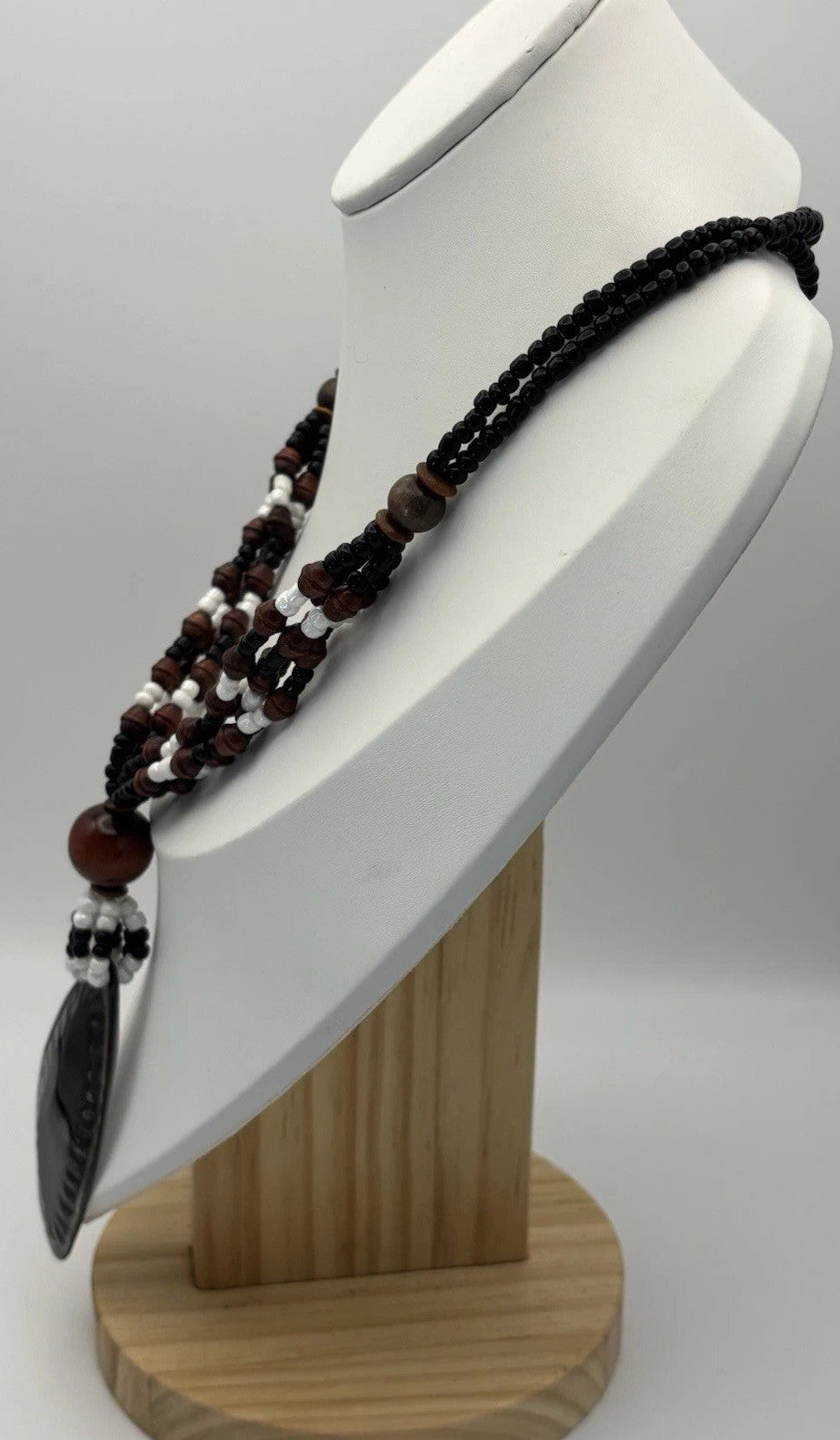 Tribal Shell Pendant Necklace Cowrie Style Beaded Black Brown White Boho Jewelry