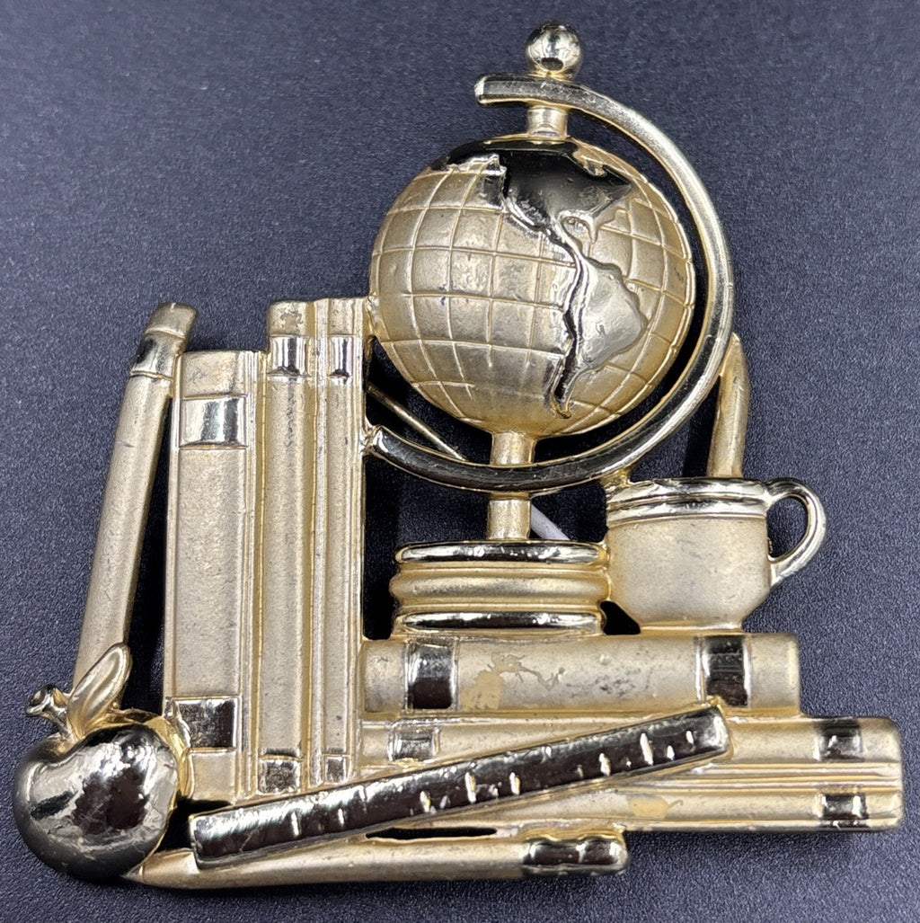 Vintage Brooch Pin Teacher Globe Apple Books Gold Tone Ajc Ruler Pencil Brooch