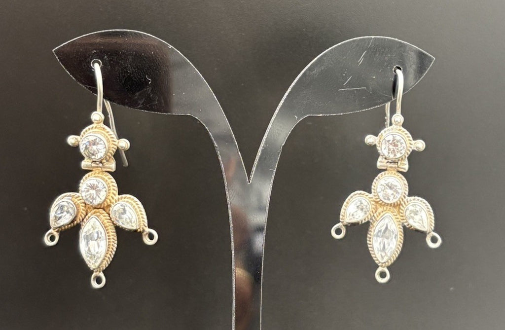 Antique Sterling Silver Crystal Drop Earrings Ornate Bezel Set 925 Design