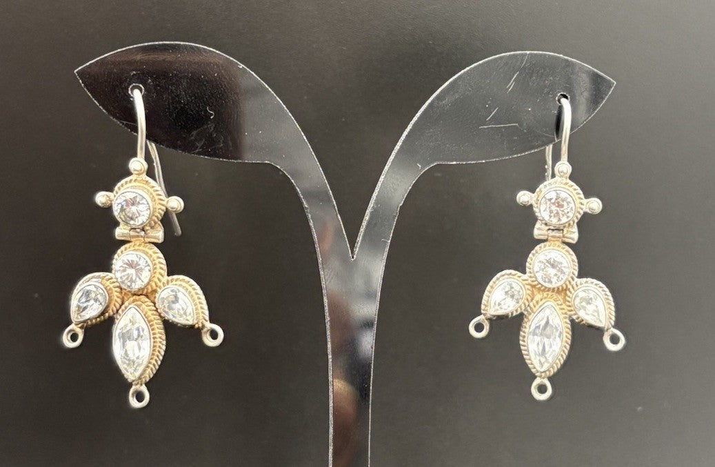 Antique Sterling Silver Crystal Drop Earrings Ornate Bezel Set 925 Design