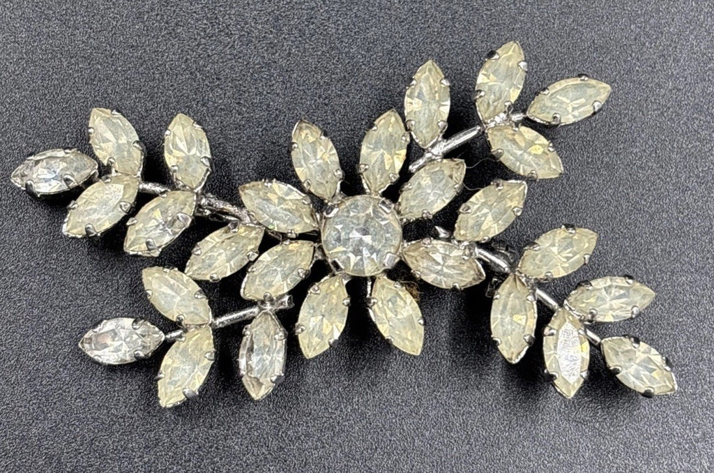 Vintage Silver Tone Floral Spray Brooch with Clear Rhinestones